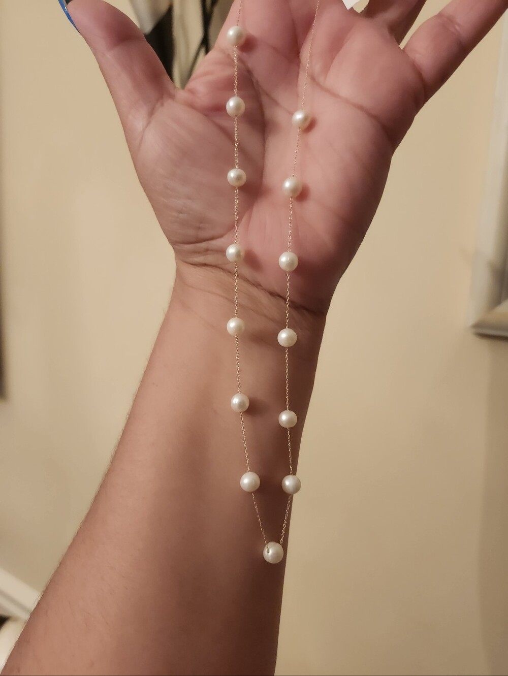 14kt GOLD Pearl Station Necklace - White Pearls on Gold Chain 18"